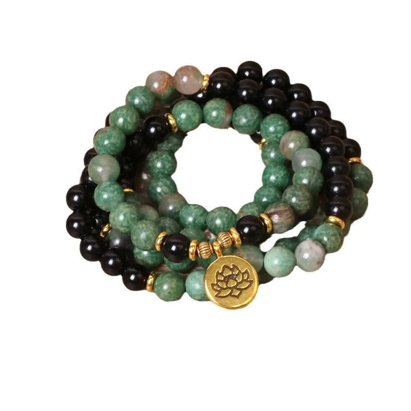 Green and black elastic beaded long bracelet with natural style alloy components