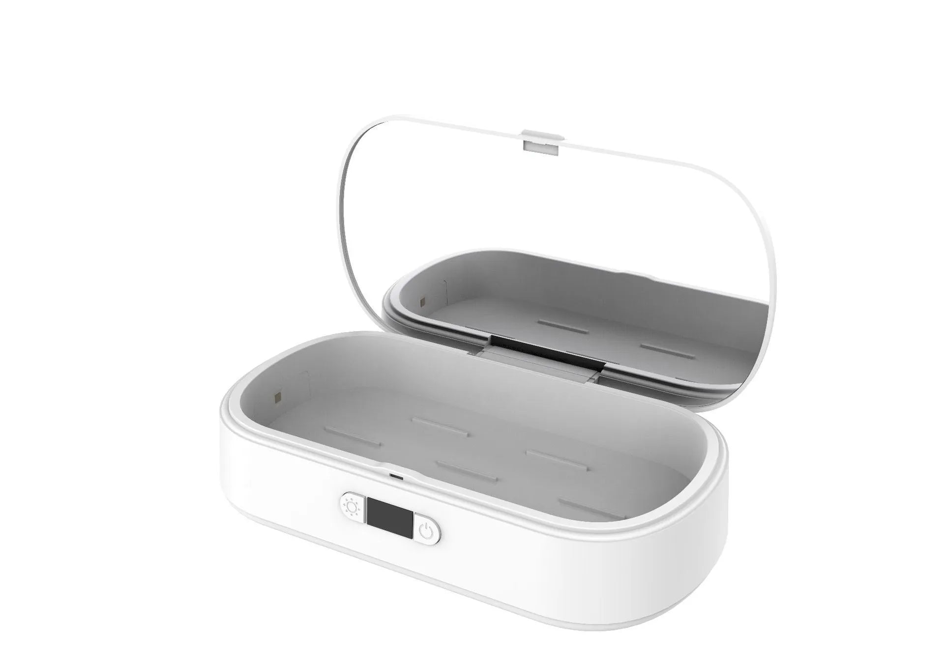 White ABS plastic UV steriliser box with wireless charging for phones and jewellery.