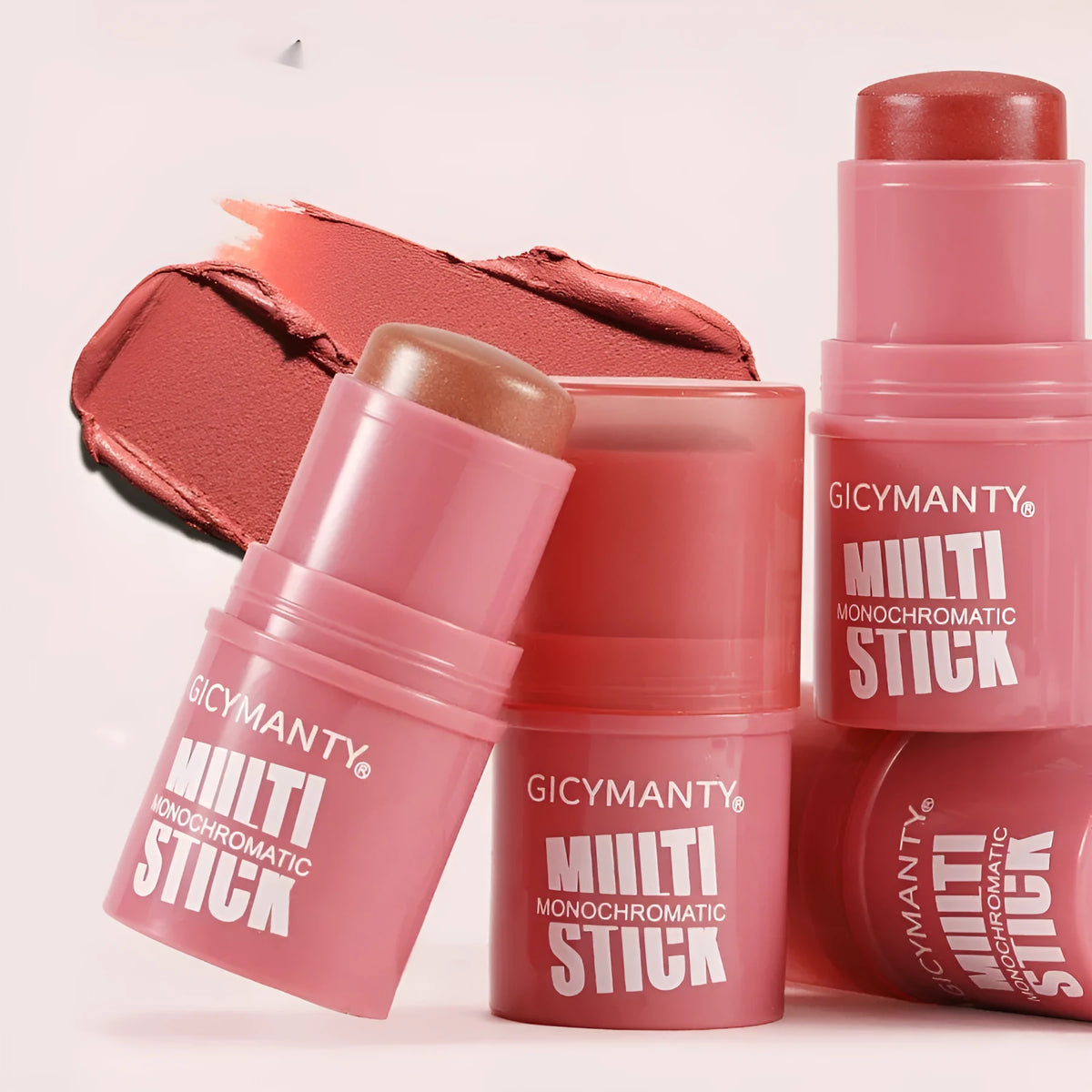 Cream blush stick in plastic casing with thin glittering colour rendering, 4.2 net content, six shade options