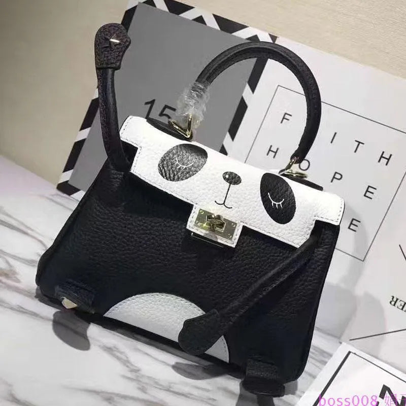 Panda print cow leather handbag in horizontal square shape with sweet lady style