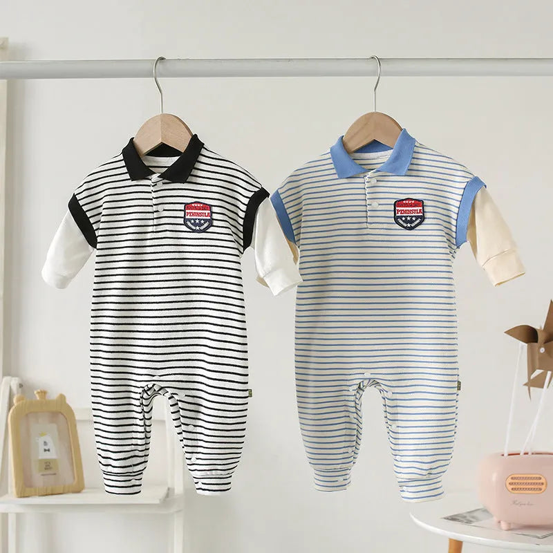 Striped cotton baby onesie in blue or black, pullover style, sizes 66cm to 90cm, autumn newborn clothing