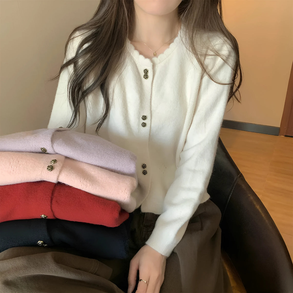 Women's long-sleeved cardigan sweater coat in acrylic fibre available in five colours