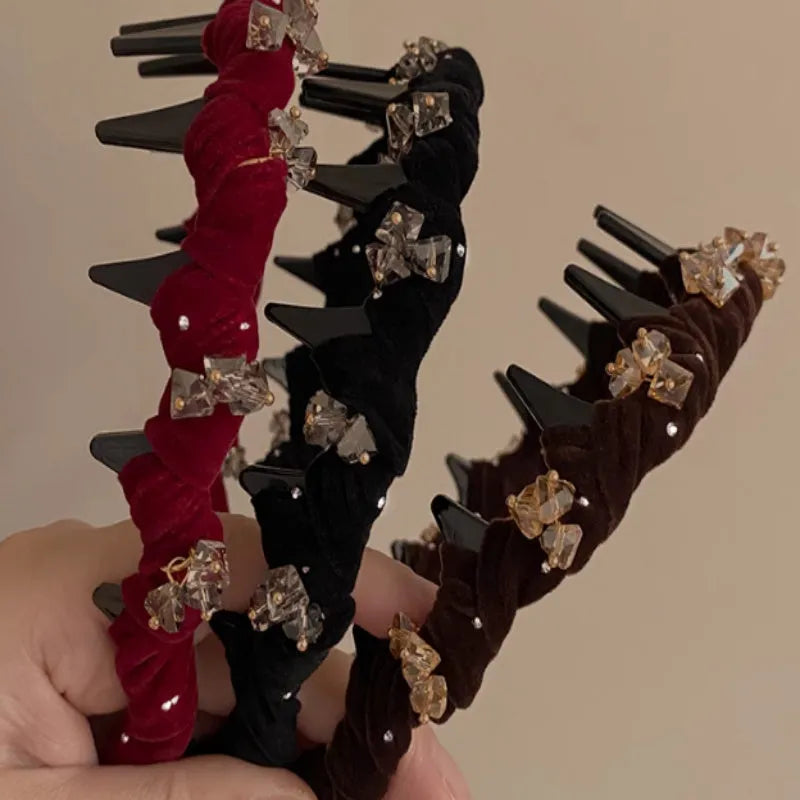 French velvet hairband with hand-beaded crystal decoration in wine red colour