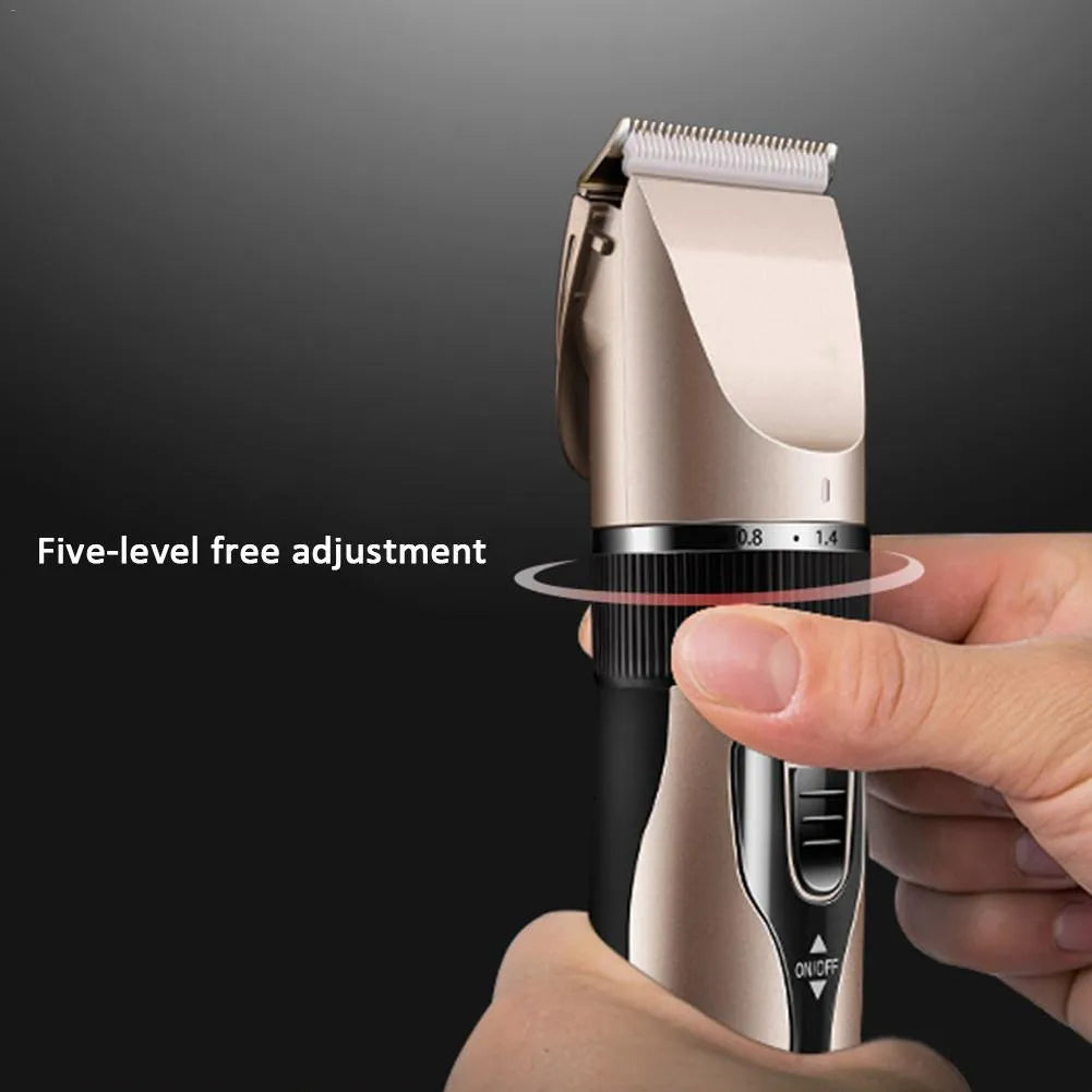 Gold cordless pet grooming clipper kit with ceramic titanium blade, four guide combs and grooming tools