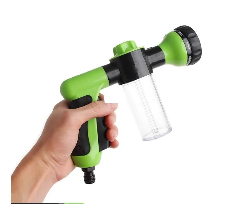 Green high-pressure foam spray gun for car washing with adjustable nozzle and multiple spray patterns
