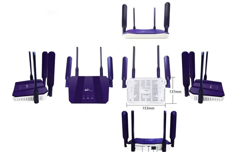 Blue dual-mode 4G and wired router with four external antennas, showing front panel and compact size.