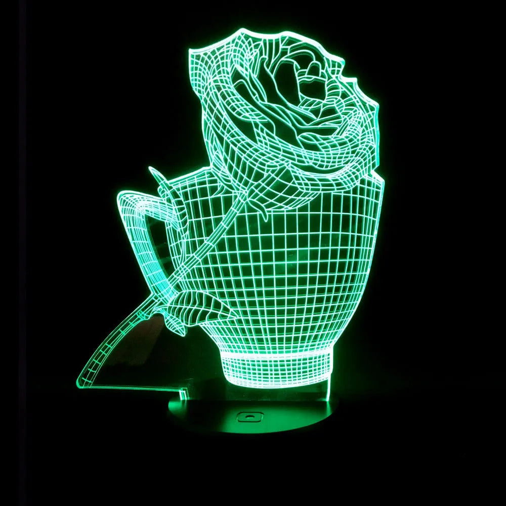 3D rose-shaped night light with colour-changing LED illumination on acrylic panel with ABS base