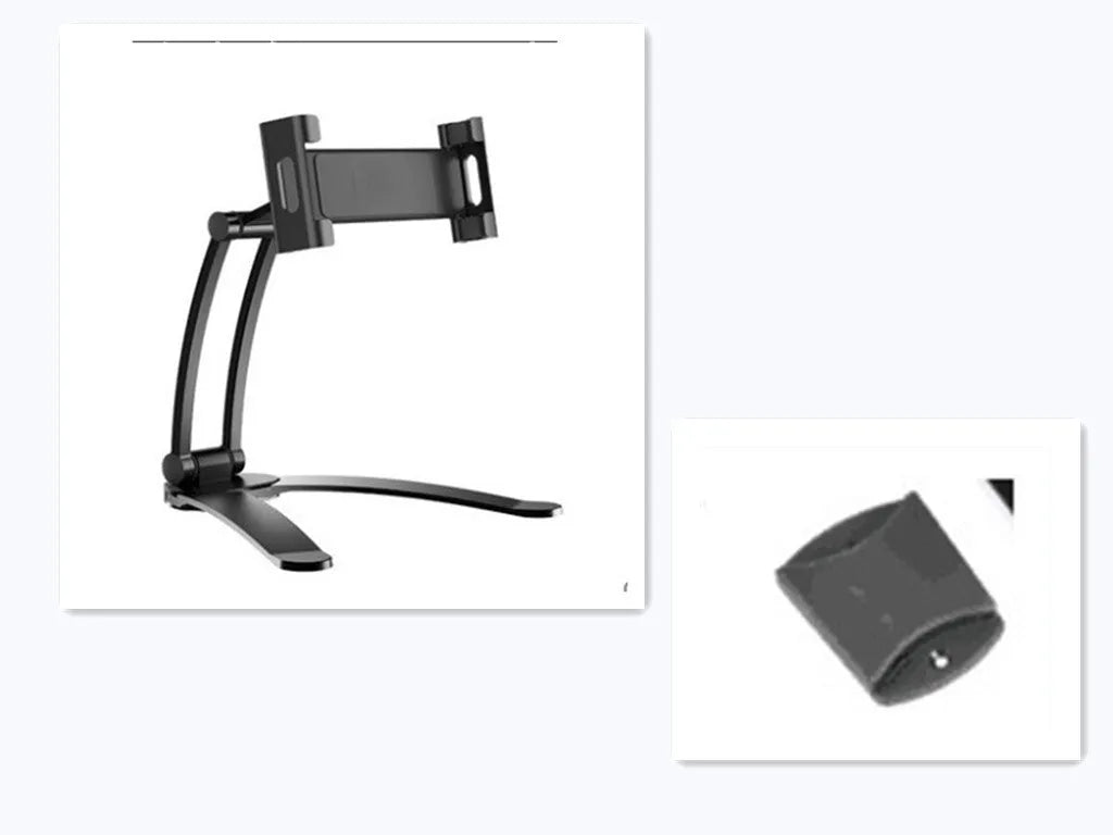 Silver aluminium alloy desktop stand holding a tablet, showing its adjustable clip and mounting base.
