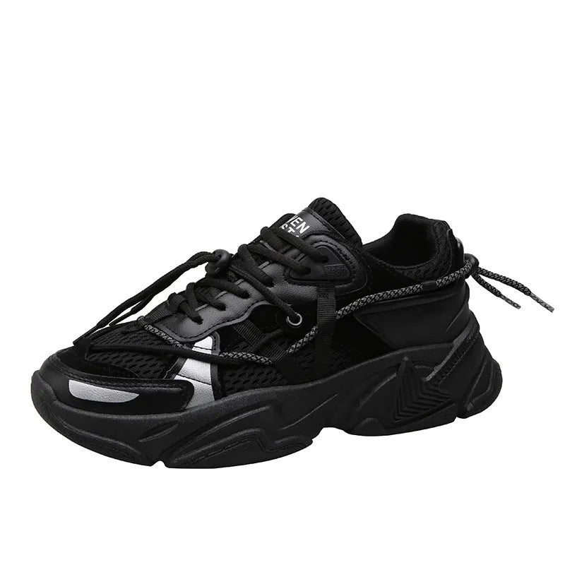 Men's white Korean-style platform dad shoes with chunky sole and lace-up front.