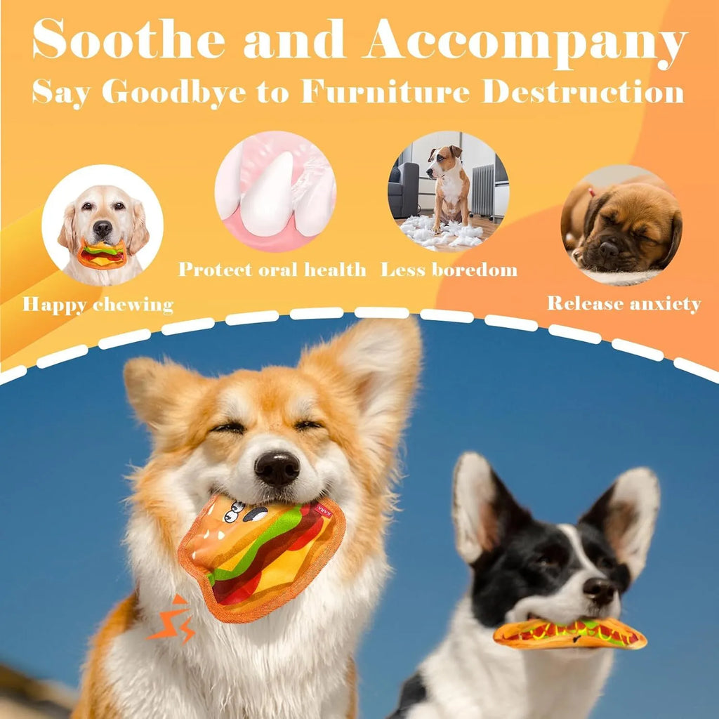 Hamburger-shaped dog toy with vivid colours featuring crinkle and squeaker sounds for interactive play