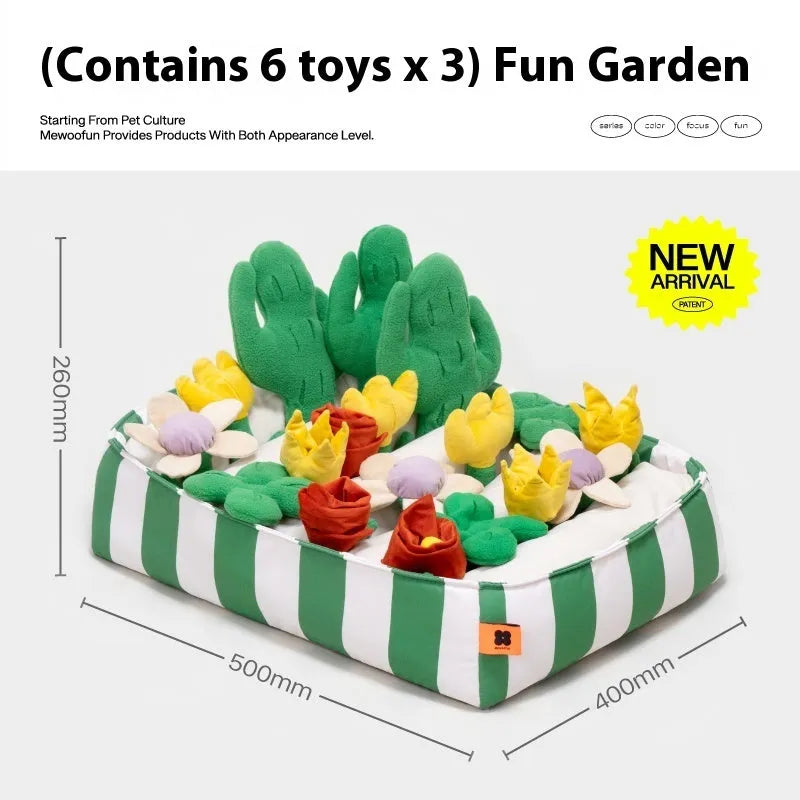 Dog sniffing mat with printed Garden Camping theme pattern, a plastic fabric puzzle toy for hiding treats.