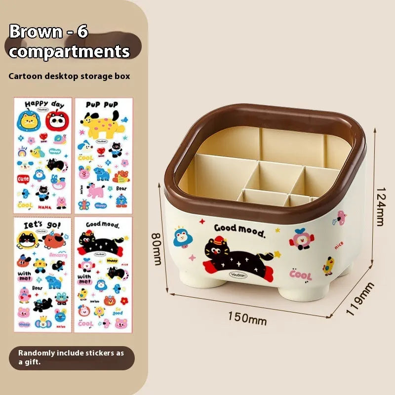 Plastic desktop storage box with cartoon stickers showing 2L capacity for stationery organisation