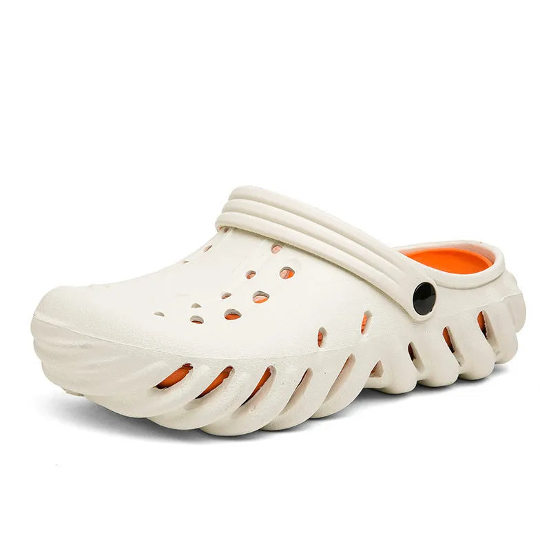 Men's beige EVA slipper sandals with hollow-out design and non-slip sole, shown from the side.