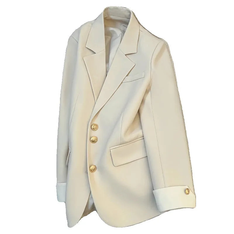 Korean style women's loose fit coat in beige or black with pocket details