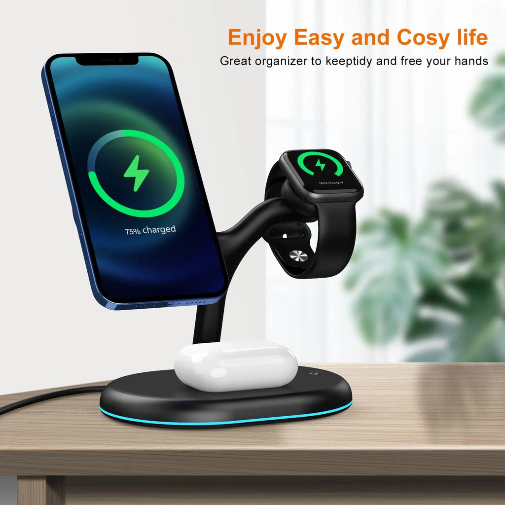 Black three-in-one magnetic wireless charger with ABS plastic construction