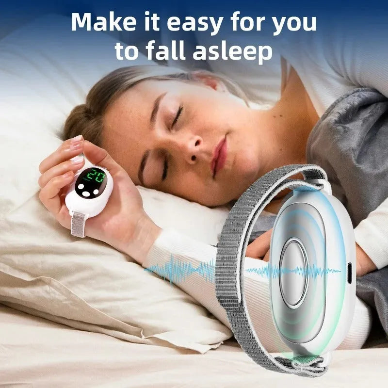 White handheld sleep aid device with remote control showing 20 gear settings, USB charging cable, and sleep bracelet.
