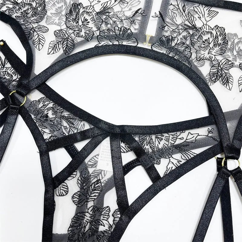 Black lace mesh three-piece set with floral print including top, pants, and waist ring