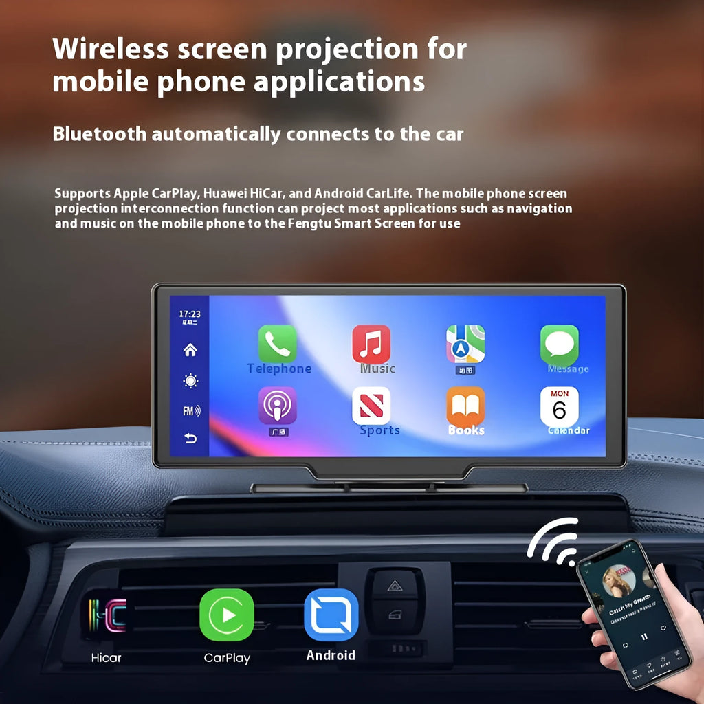 10 inch car smart screen with Carplay, driving recorder, and rear camera on dashboard