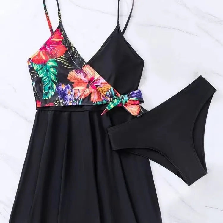 Women's black high waist briefs printed split bikini swimwear for sports and swimming