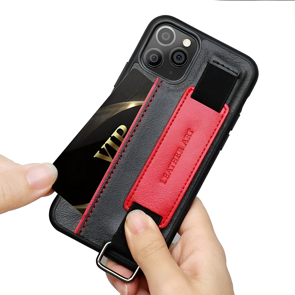 Brown imitation leather iPhone case with wrist strap showing striped pattern and decorative stitching