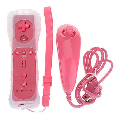 Wii left and right wireless gamepad controllers with rubber sleeve on right unit, in assorted colours.