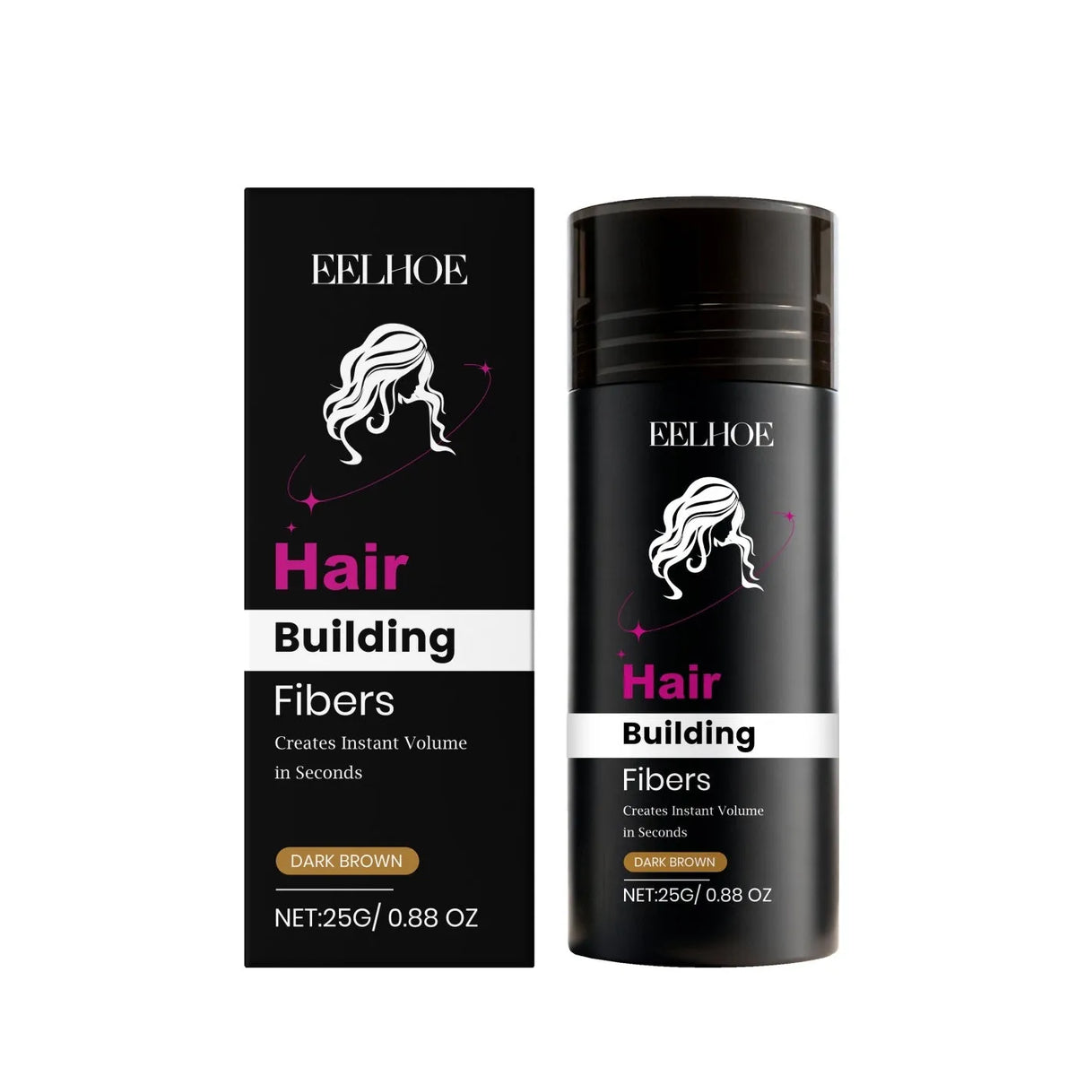 Light Brown hair building fibres powder container for thinning hair, with keratin and hyaluronic acid in the ingredient list.