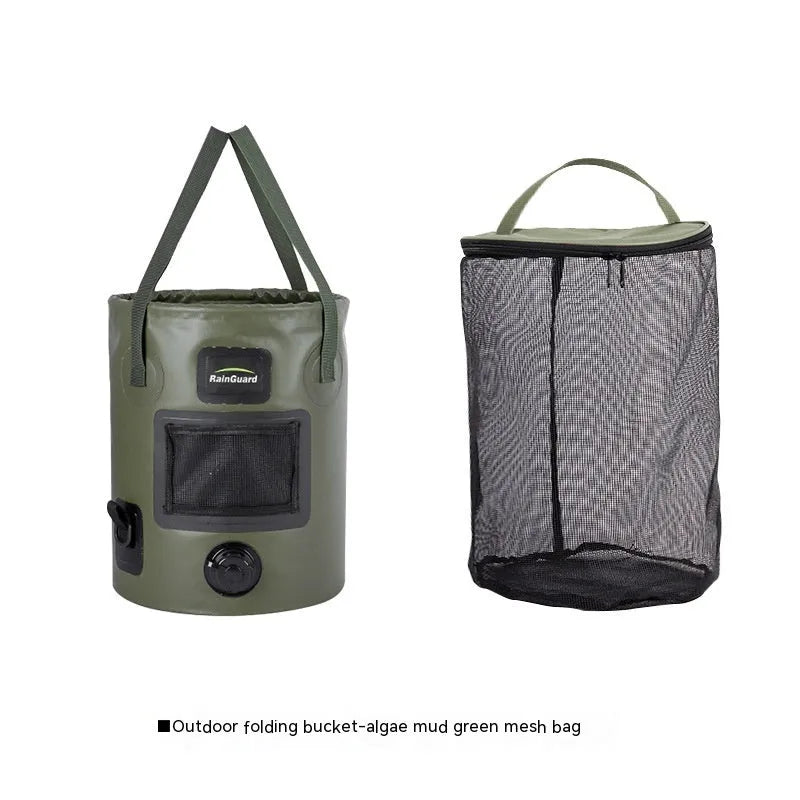 Lemon yellow 25-litre plastic folding fishing bucket showing its collapsible design and optional mesh pocket.