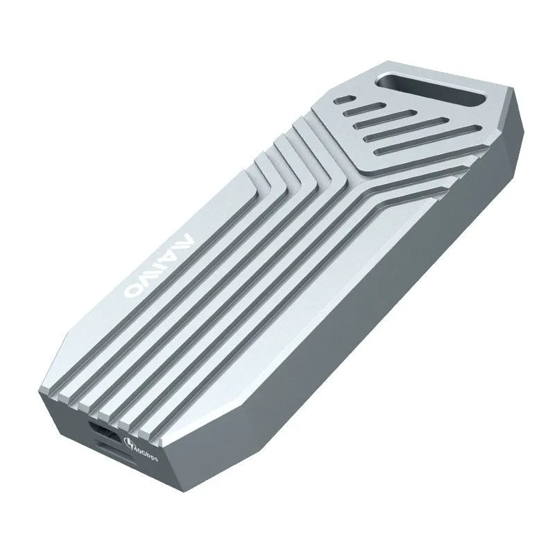 Aluminum USB 4.0 external enclosure for M.2 NVMe SSDs in silver colour showing compact dimensions
