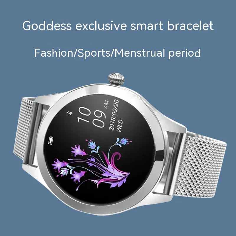Women's multi-functional sports smartwatch in rose gold showing heart rate monitor and waterproof fitness features
