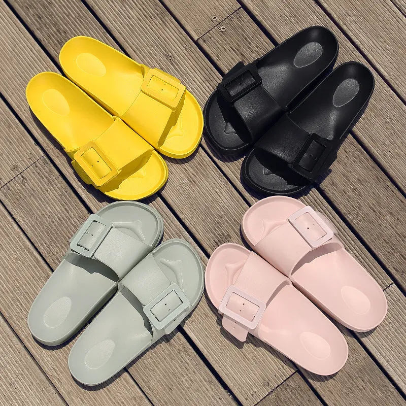 Women's grey blue buckle fastening flip-flop slippers with soft EVA sole