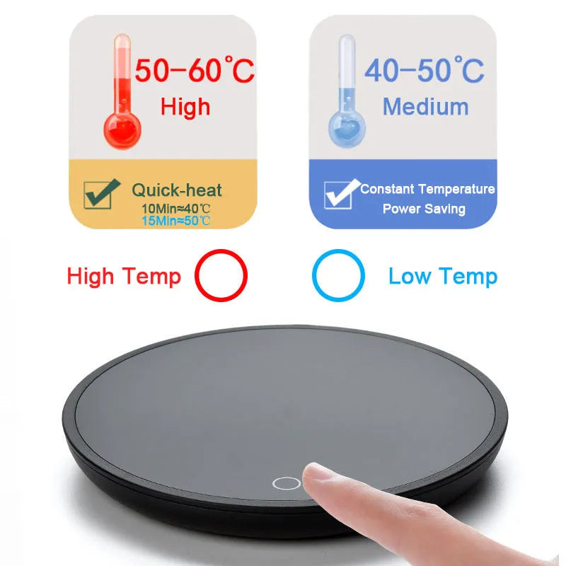 Black cup warmer heating pad with temperature switch for coffee mugs and beverages