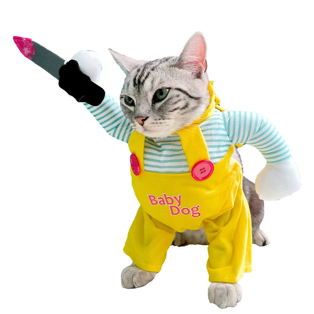 Yellow knife assassin cat costume clothing on feline model showing polyester construction
