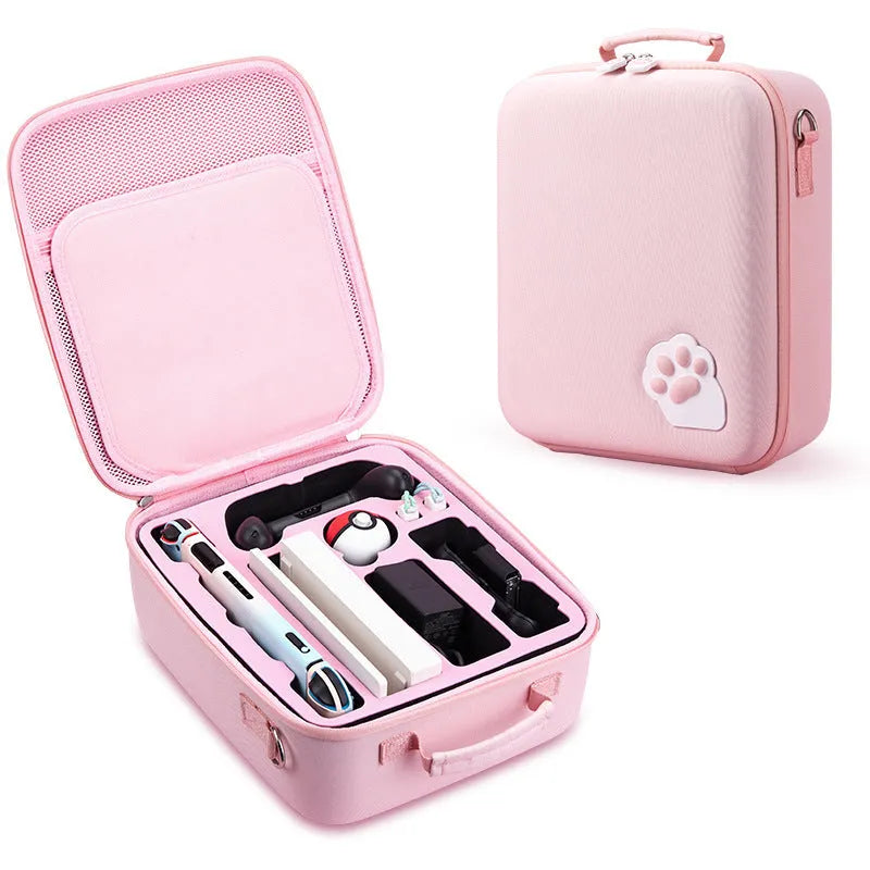 Pink Nintendo Switch storage bag with cat claw design holding game cards