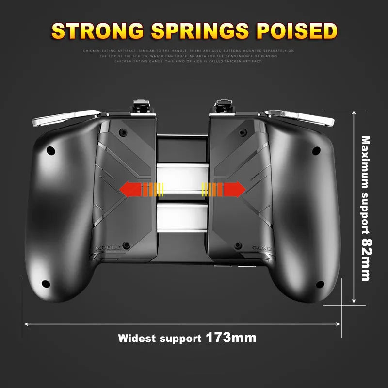 Multifunctional mobile game handle with adjustable clamp holding a smartphone, showing removable thumbsticks and trigger buttons
