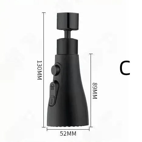 Universal pressurised kitchen faucet sprayer with rotating nozzle in silver finish showing three spray modes