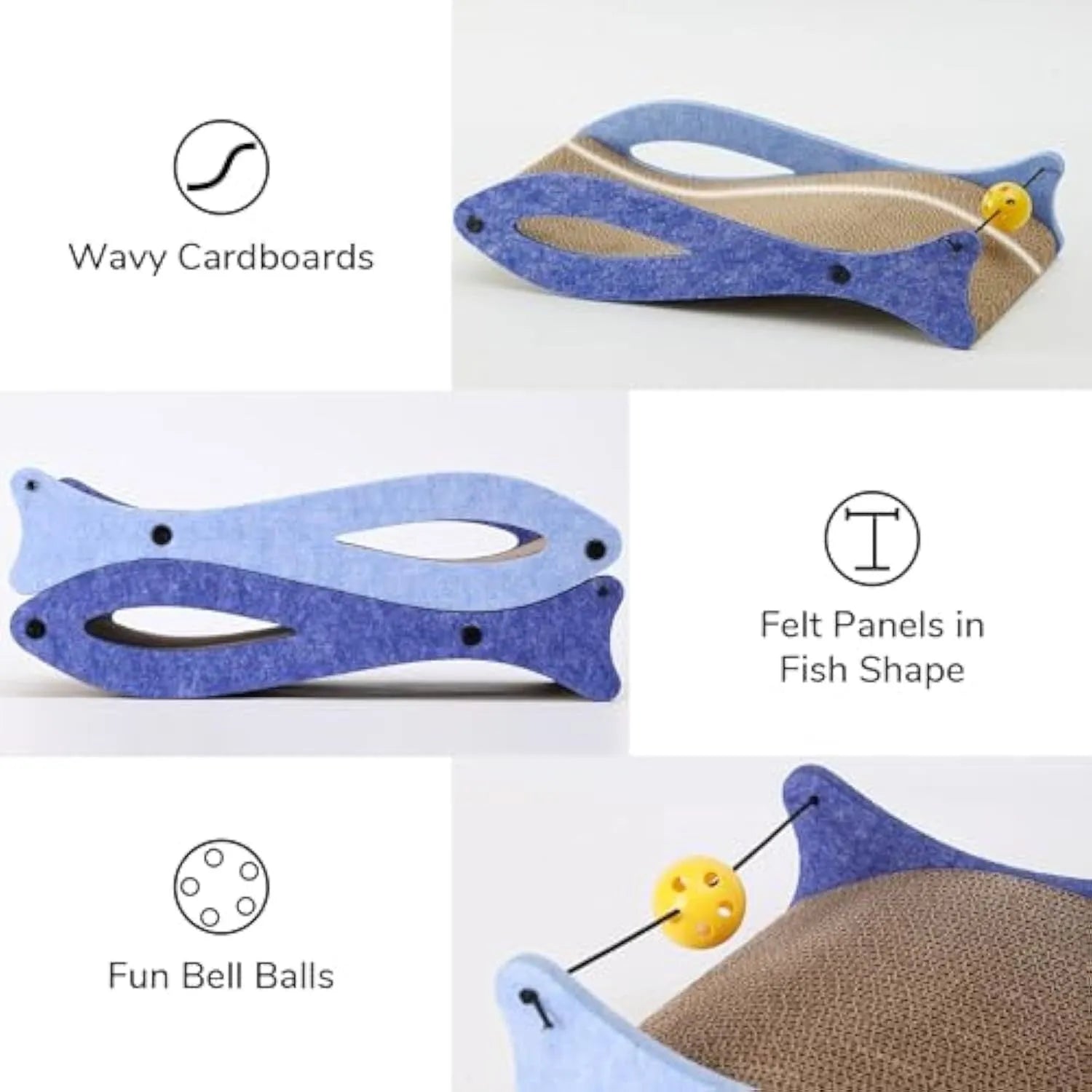 Blue fish-shaped cat scratcher pad with corrugated cardboard surface and integrated bell ball toy