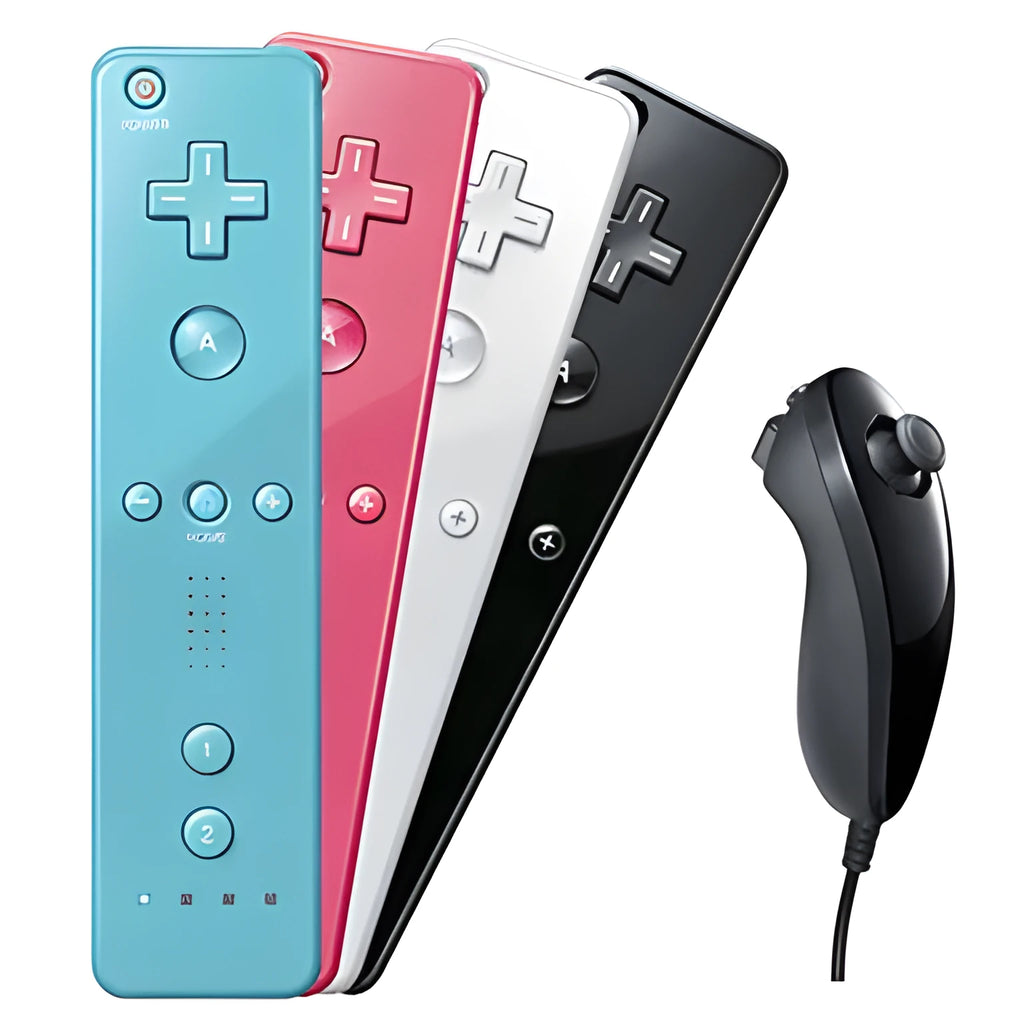 Wii left and right wireless gamepad controllers with rubber sleeve on right unit, in assorted colours.