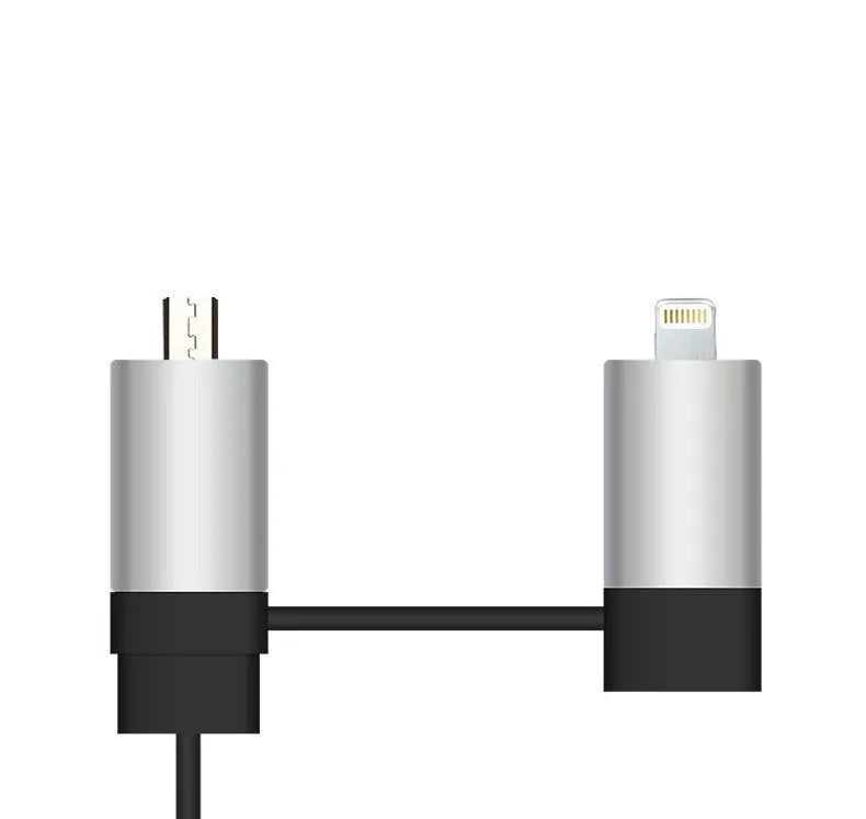 Black and gold dual USB car charger with retractable cable plugged into a car's 12V socket.