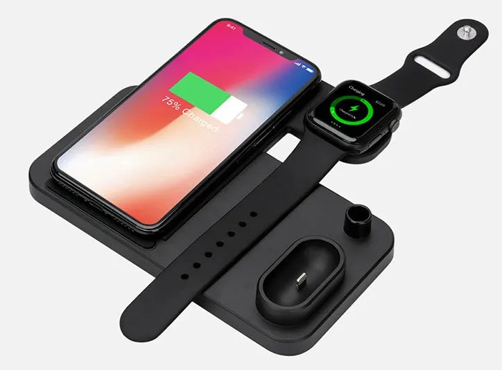 4-in-1 wireless charging station with adjustable magnetic support plate charging multiple devices