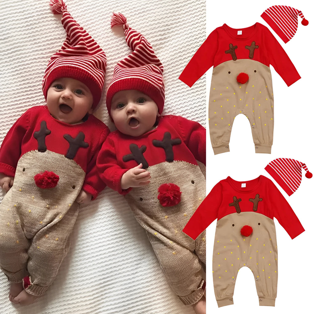 Christmas deer romper in red, long sleeve cotton unisex baby outfit for autumn and spring, sizes 70-100