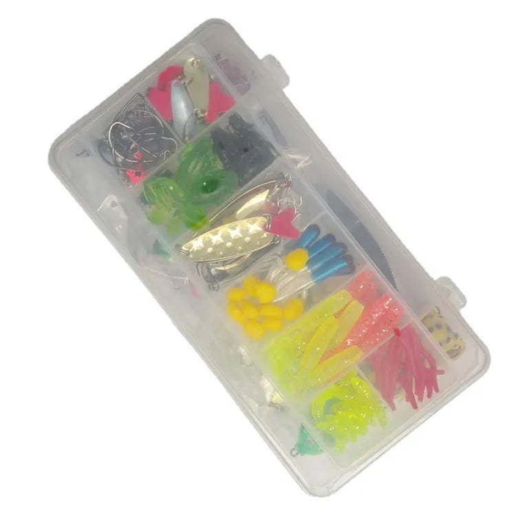 Fishing lure tackle kit with 142 pieces including metal and plastic lures, hard minnows and fishing pliers