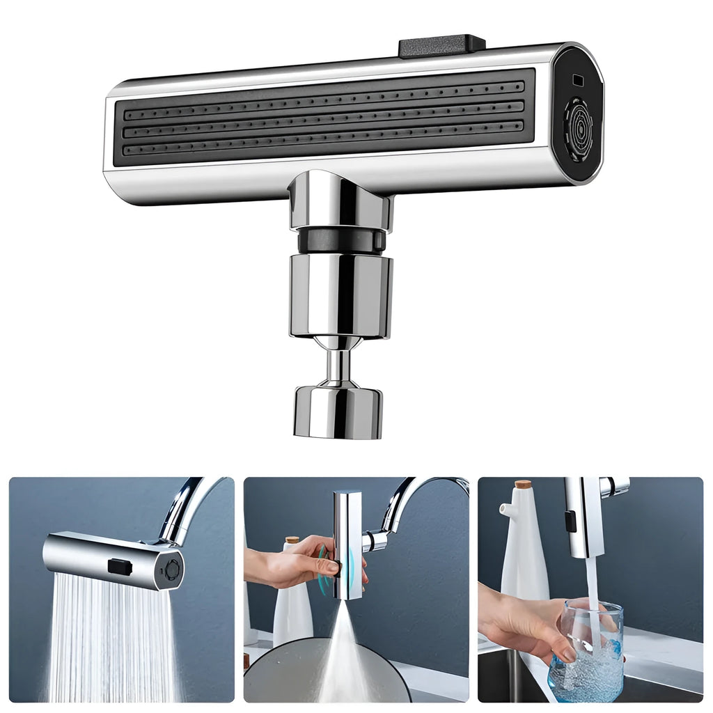 Kitchen faucet waterfall outlet connector with 360-degree swivel, ABS and copper body, Black or Silver finish.
