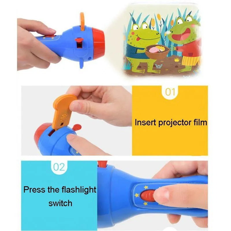 SmartKids children's storybook projector torch with four clip-on fairy tale discs projecting images on bedroom wall
