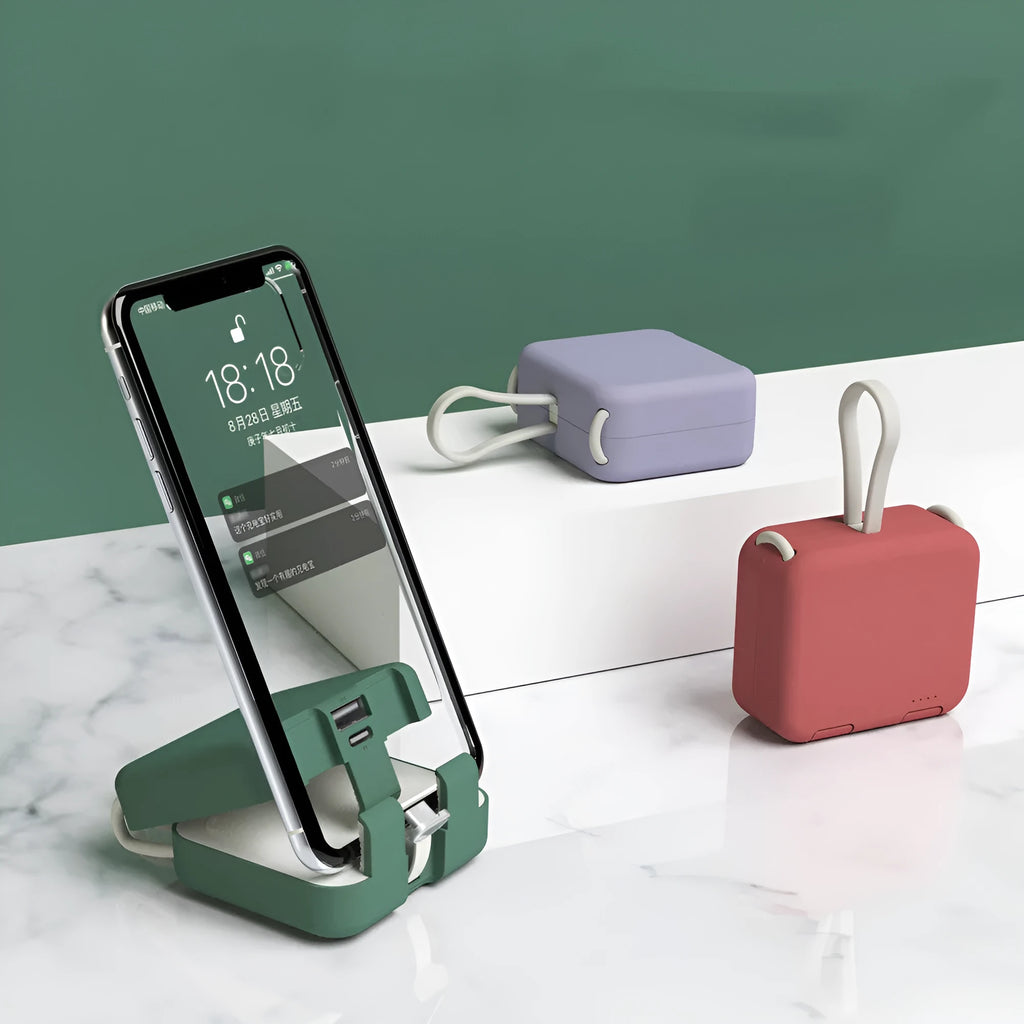 Handbag back clip power bank in blue, showing clip, phone stand function, and Type-C charging ports.