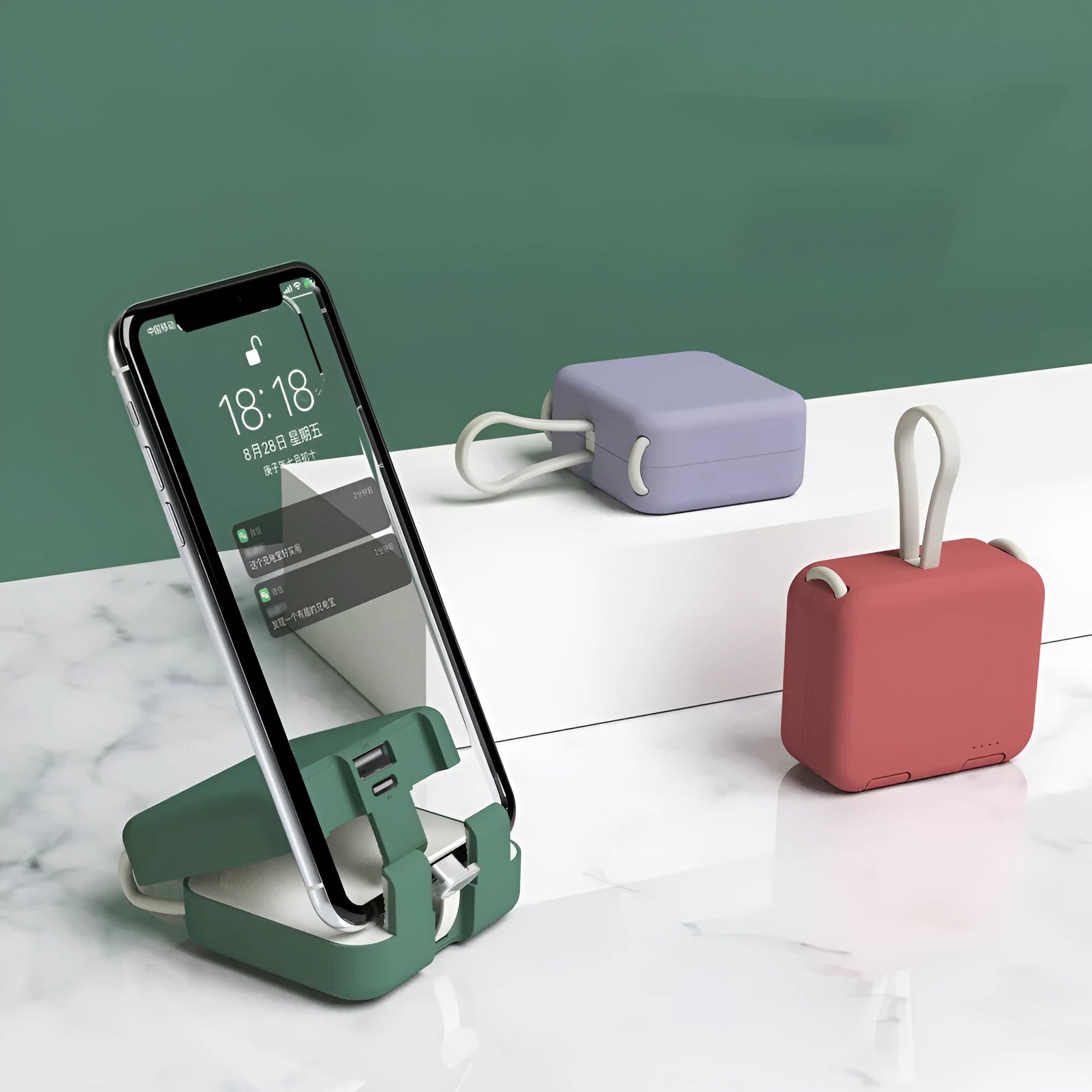Handbag back clip power bank in blue, showing clip, phone stand function, and Type-C charging ports.