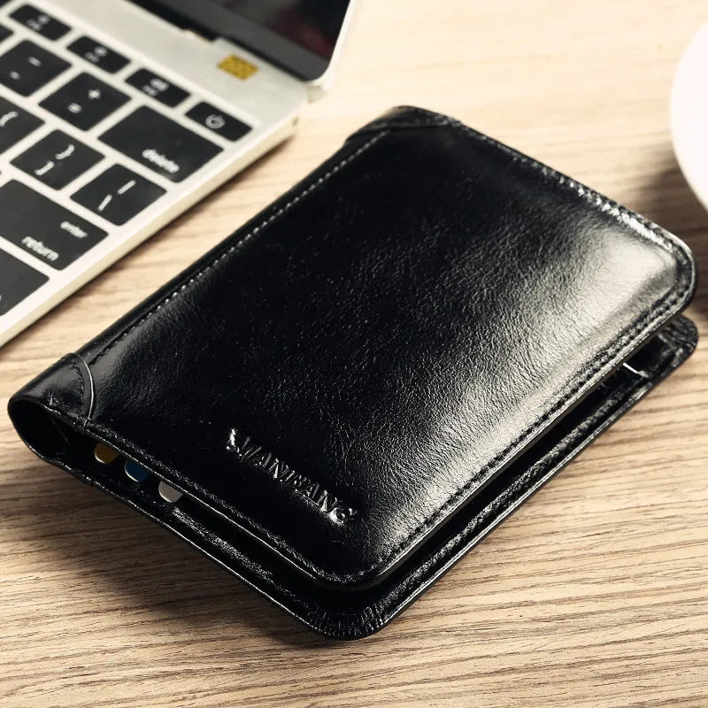 Men's leather wallet in black or brown showing internal compartments for cards, photos, banknotes, coins and documents