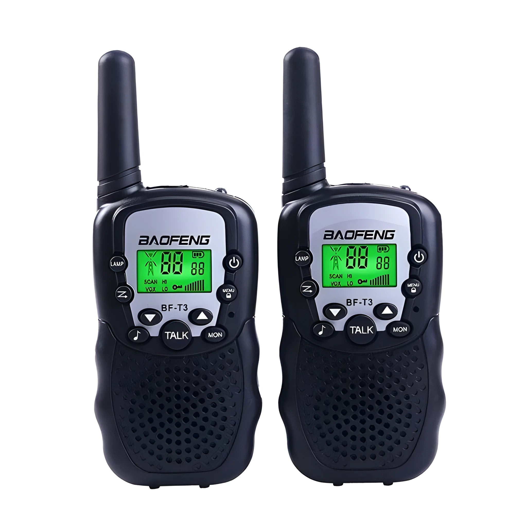 Children's walkie talkie set in various colours showing handheld design with antenna and channel selector