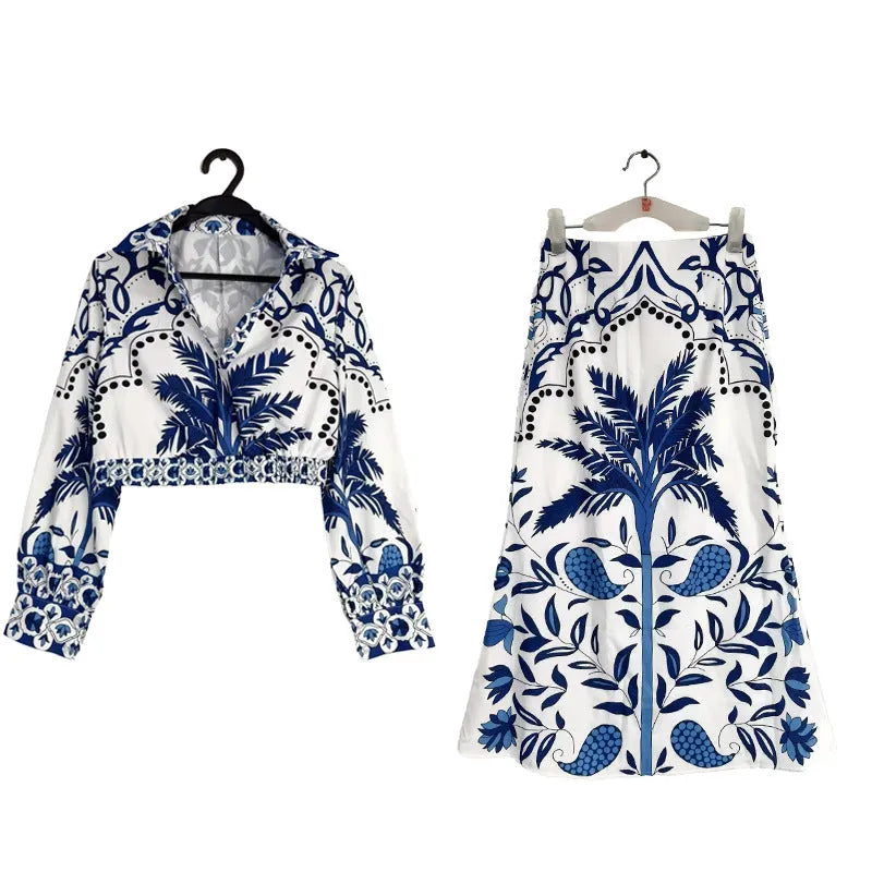 Floral early spring casual fashion set with long sleeve top and long skirt in picture color