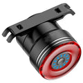 Black aluminium alloy smart brake sensing USB charging taillight for bicycles.