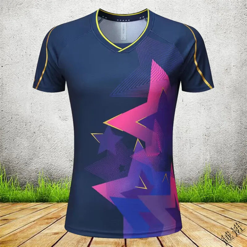 Sapphire blue and purple badminton sportswear outfit with short-sleeved top and trousers for men and women